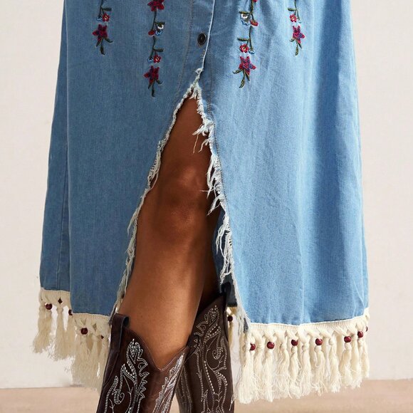 Blue Western Boho Women's Embroidered Casual Dress - Picture 5 of 8